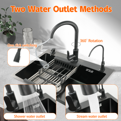 Maeklon 19.7x17.7in Kitchen Sink, T201 Stainless Steel Kitchen Basin with Pull-Down Faucet, In/Topmount Single Bowl Workstation withMultiple Accessories for Modern Kitchens, Farmhouse Workstation, Black