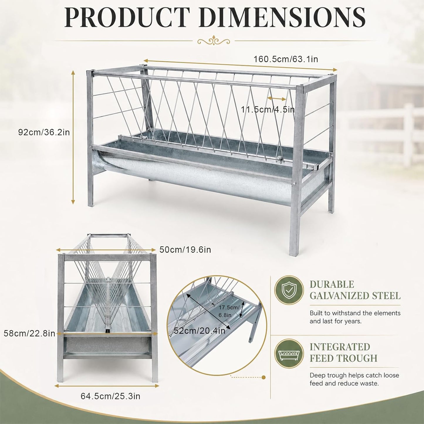 Maeklon 94 Gallon Livestock Hay Feeder, Large Capacity Outdoor Feed Storage Bin | 63" x 27.2" x 36.2" outdoor feeder with spacious hay storage for goats, horses, sheep and other livestock.