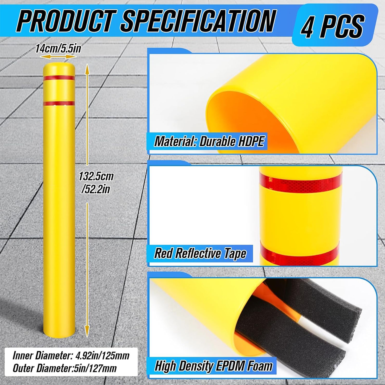 Maeklon Bollard Cover 5"x52" Yellow Safety Sleeve for Parking Posts | High Visibility Yellow Bollard Sleeve with Foam Padding Strips, Fits 5 Inch Posts for Parking Lots, Garages and Traffic Areas