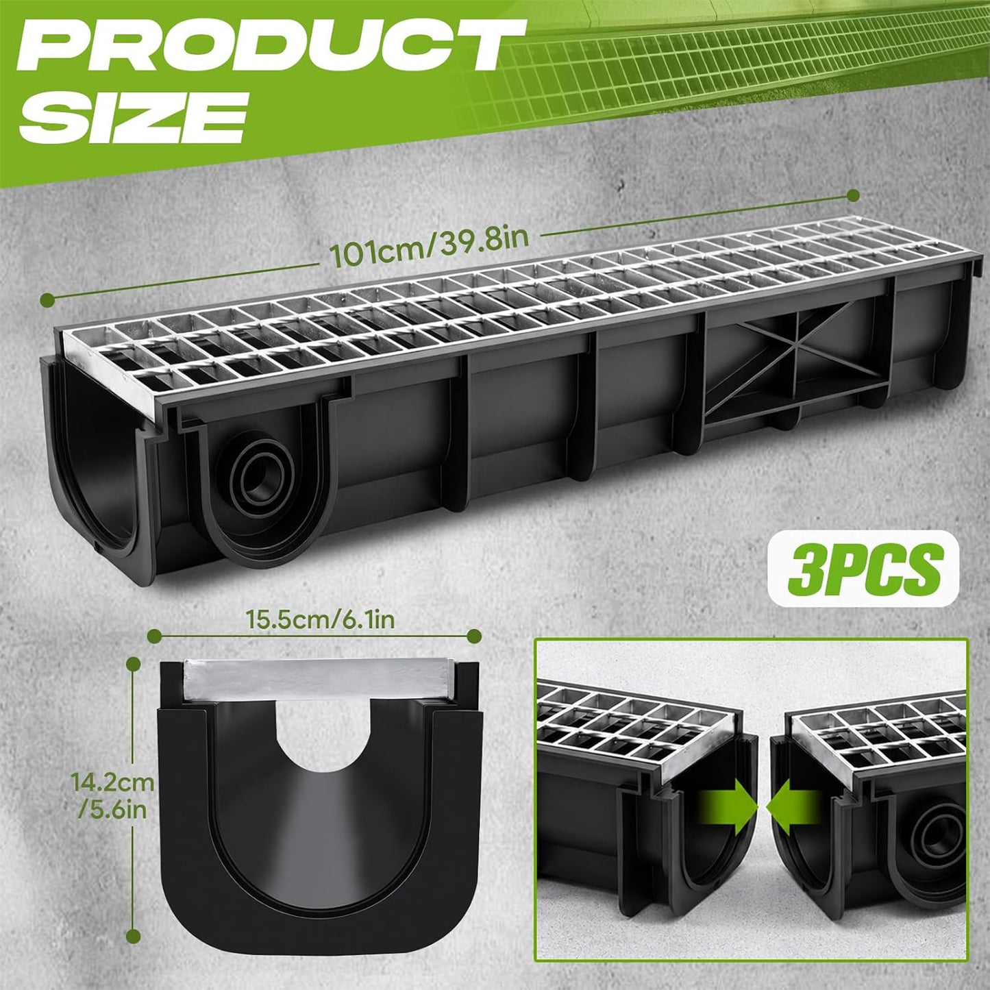 Maeklon 3 Pack 39.8 Inch Trench Drain Channel with Galvanized Steel Grate | 339.8"L x 6.1"W x 5.6"H Heavy Duty Linear Drainage Channel for Driveway, Patio, Garage and Landscape Water Drainage