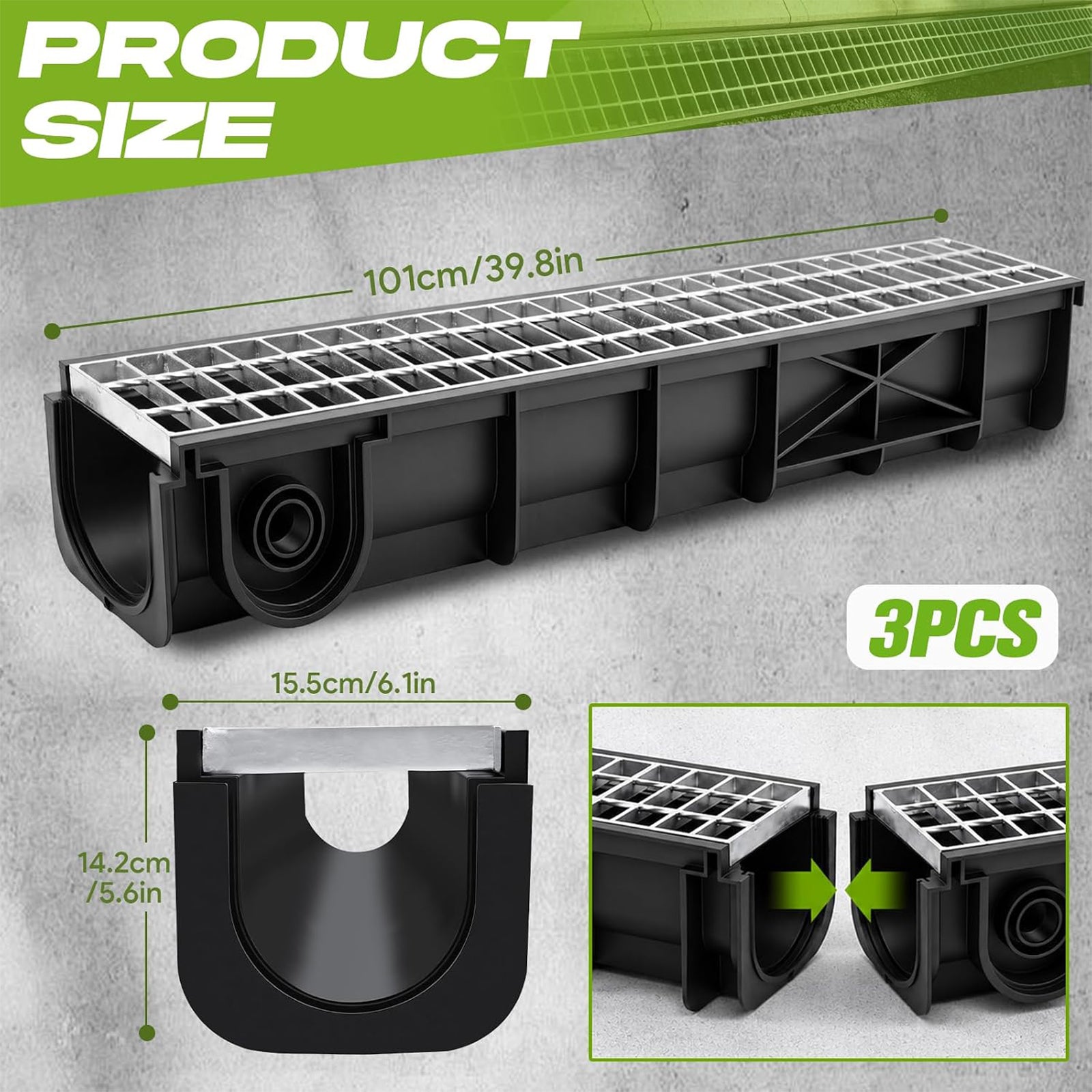 Maeklon 3 Pack 39.8 Inch Trench Drain Channel with Galvanized Steel Grate | 339.8"L x 6.1"W x 5.6"H Heavy Duty Linear Drainage Channel for Driveway, Patio, Garage and Landscape Water Drainage