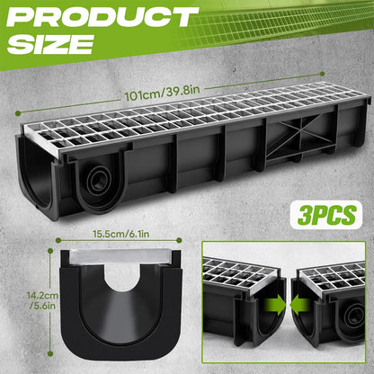 Maeklon 3 Pack 39.8 Inch Trench Drain Channel with Galvanized Steel Grate | 339.8"L x 6.1"W x 5.6"H Heavy Duty Linear Drainage Channel for Driveway, Patio, Garage and Landscape Water Drainage