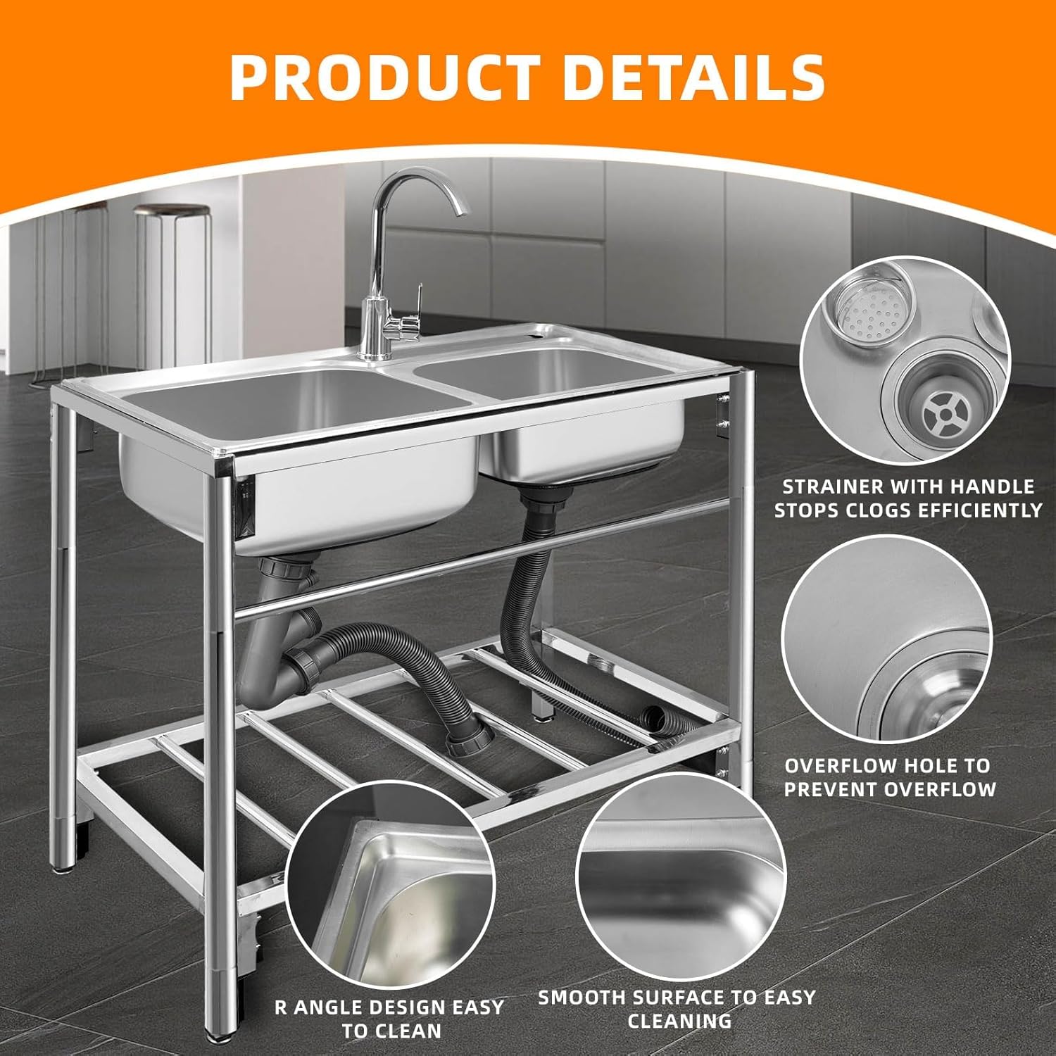 Maeklon Freestanding Double Bowl Sink, 31.5" x 16.9" x 29.5" Stainless Steel Kitchen Sink, Outdoor Utility Sink with Hot Cold Faucet, Ideal for Restaurant, Kitchen, Laundry, Garage