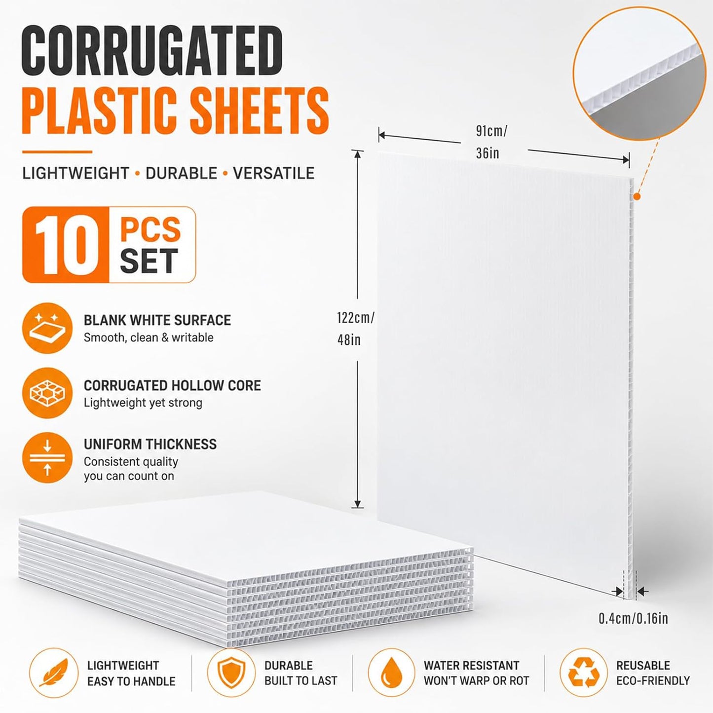 Maeklon 10 Pack Corrugated Plastic Board 48 x 36 Inch, 4mm White Sheets | White Corrugated Plastic Sheets, Lightweight Fluted Board for Signs, Crafts, Displays and DIY Projects
