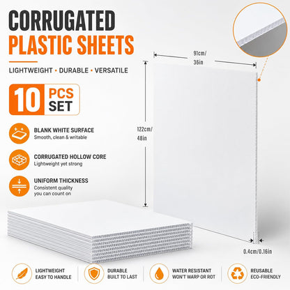 Maeklon 10 Pack Corrugated Plastic Board 48 x 36 Inch, 4mm White Sheets | White Corrugated Plastic Sheets, Lightweight Fluted Board for Signs, Crafts, Displays and DIY Projects