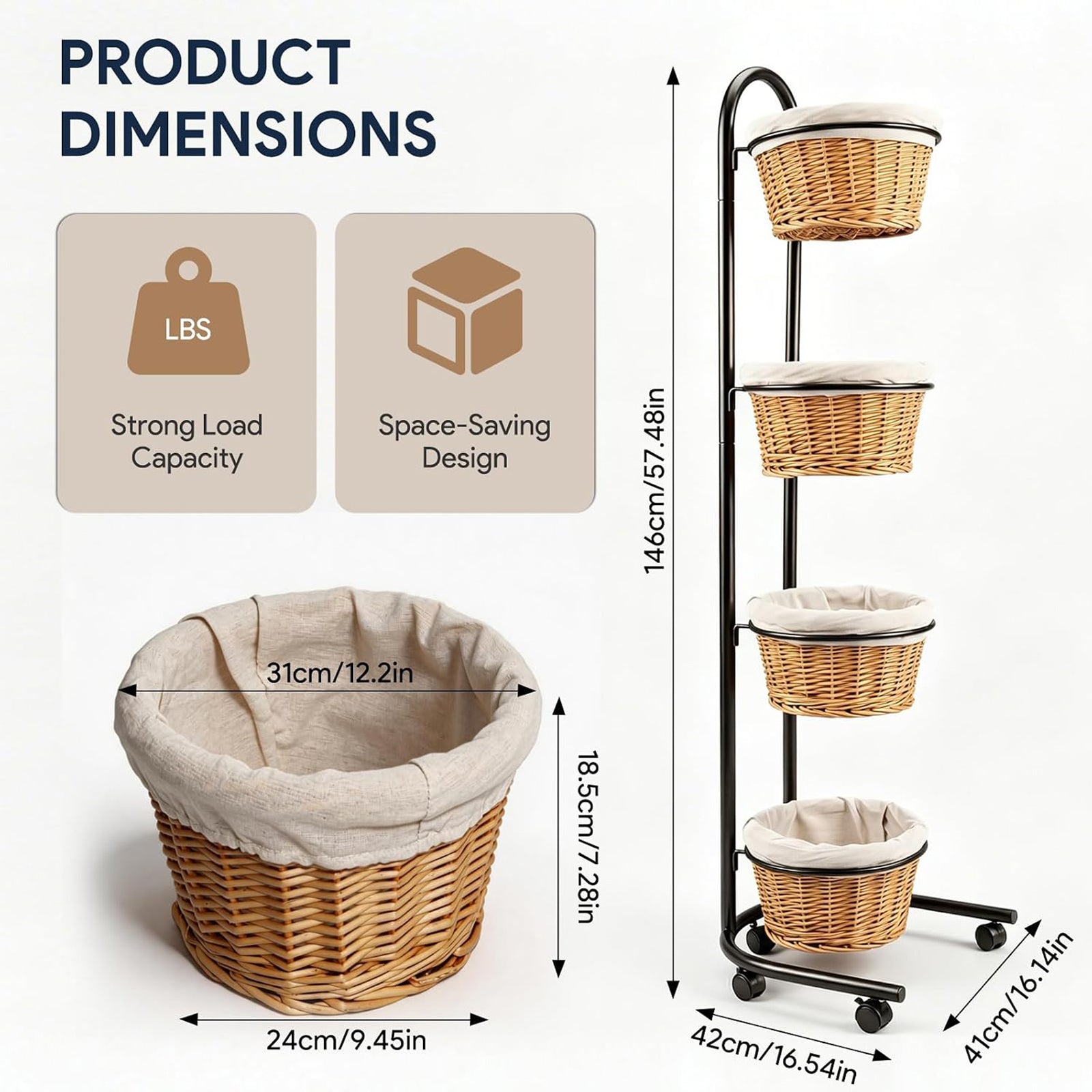 Maeklon 4 Tier Retail Display Stand with Baskets and Wheels, Floor Display Rack | Multi Tier Display Rack with Storage Baskets, 16.5" x 16" x 57.4" Produce Display Stand for Retail, Market and Home Use