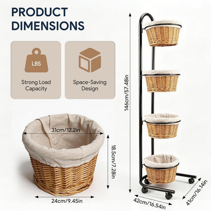 Maeklon 4 Tier Retail Display Stand with Baskets and Wheels, Floor Display Rack | Multi Tier Display Rack with Storage Baskets, 16.5" x 16" x 57.4" Produce Display Stand for Retail, Market and Home Use