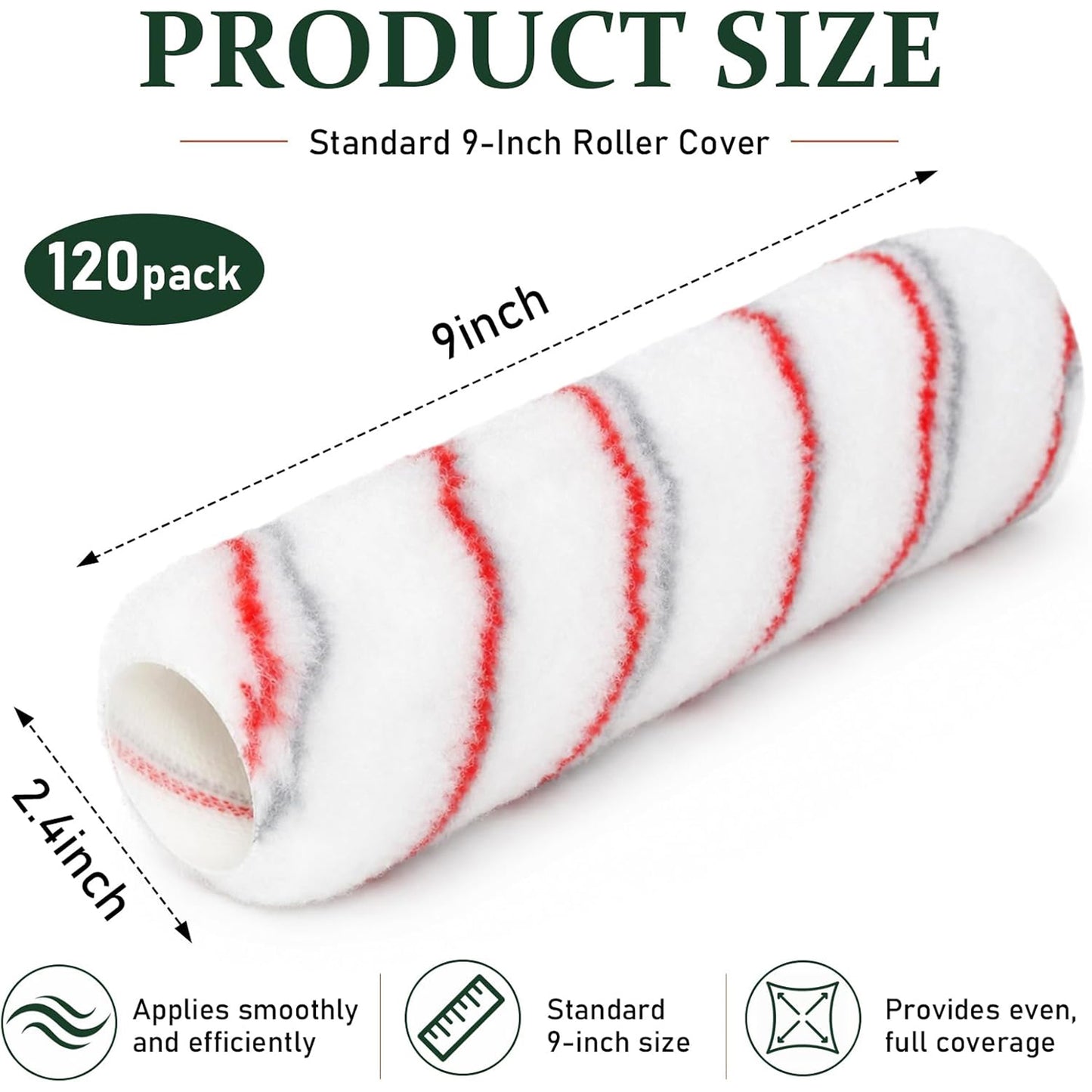 Maeklon 120 Pcs 9 Inch Paint Roller Covers, 1/2" Nap Nap Polyester Roller Refills | Red Gray Stripe Polyester Paint Roller Covers with 13mm Nap, Bulk Refills for Wall Painting, Interior and DIY Projects