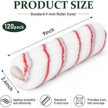 Maeklon 120 Pcs 9 Inch Paint Roller Covers, 1/2" Nap Nap Polyester Roller Refills | Red Gray Stripe Polyester Paint Roller Covers with 13mm Nap, Bulk Refills for Wall Painting, Interior and DIY Projects
