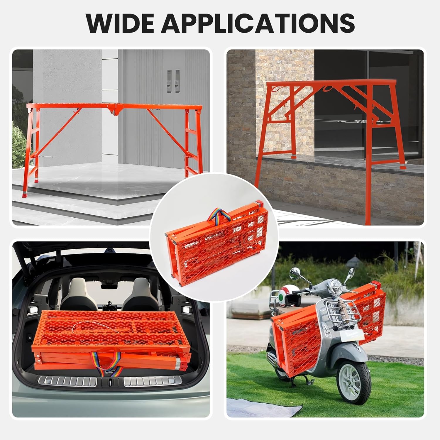 Maeklon Foldable Scaffolding Platform, 70.8x15.2x36.2-62 Inch Welded Steel Work Platform, 770 Lbs Capacity, Adjustable Height Industrial Step Ladders, Ideal for Painting, Wiring and Home Decor, Red