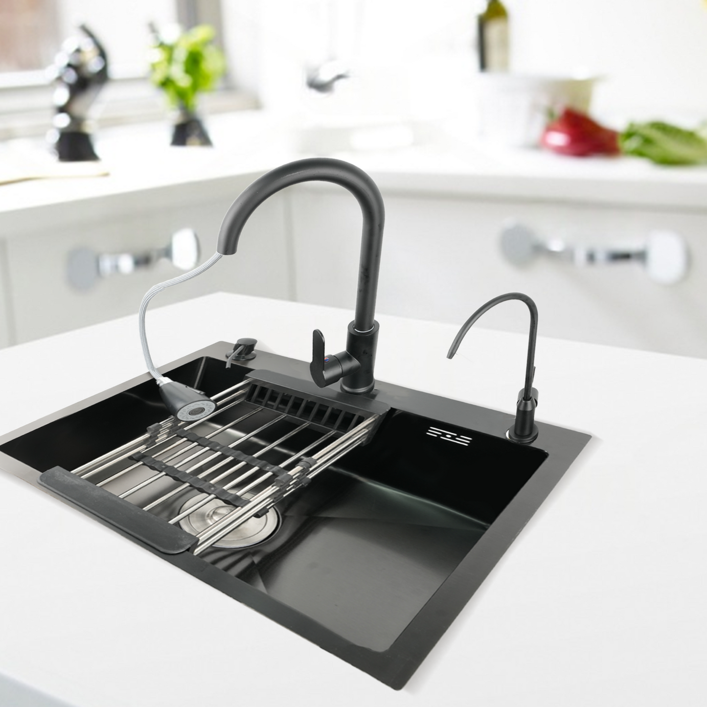 Maeklon 19.7x17.7in Kitchen Sink, T201 Stainless Steel Kitchen Basin with Pull-Down Faucet, In/Topmount Single Bowl Workstation withMultiple Accessories for Modern Kitchens, Farmhouse Workstation, Black