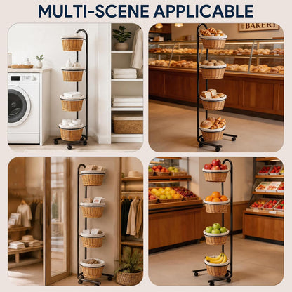 Maeklon 4 Tier Retail Display Stand with Baskets and Wheels, Floor Display Rack | Multi Tier Display Rack with Storage Baskets, 16.5" x 16" x 57.4" Produce Display Stand for Retail, Market and Home Use
