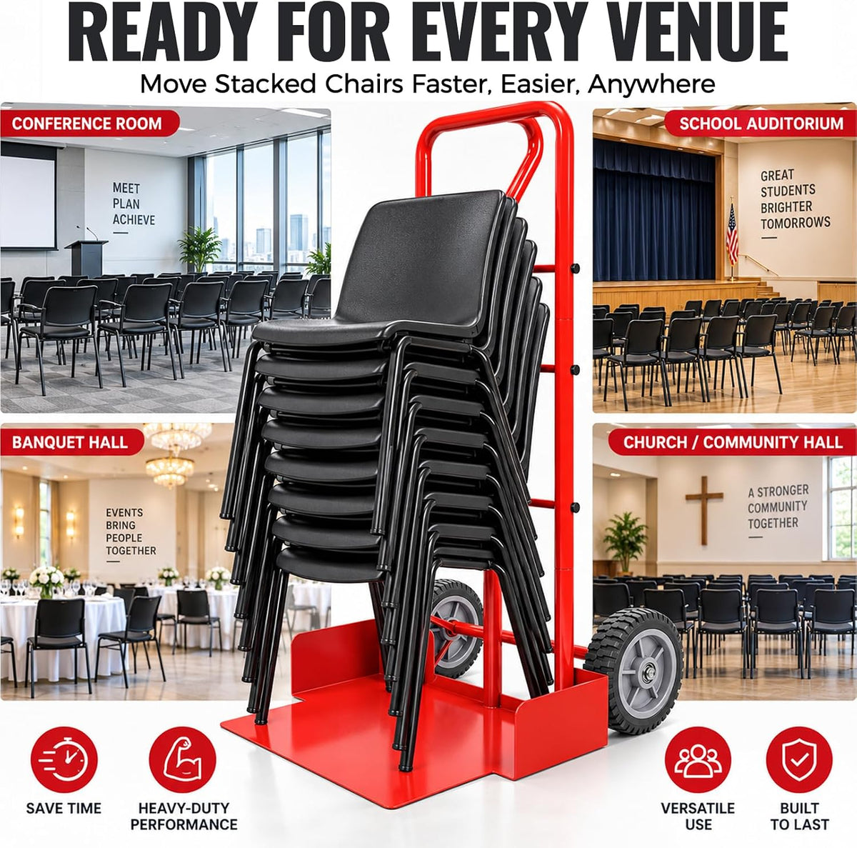 Maeklon 52'' x 22'' x 26'' Rolling Chair Transport Dolly, 7 Chair Capacity Cart, Carbon Steel Folding Chair Cart for Stacking Chairs, Portable Rolling Carrier for Events, Offices, Schools and Storage