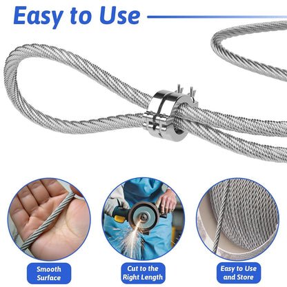 Maeklon 400ft 1/4" Stainless Steel Cable, 7x19 Strand Aircraft Wire Rope, Breaking Strength 6400 Ibs Stainless Steel Zip Line for Heavy Duty Applications, Deck Railing, and String Lights