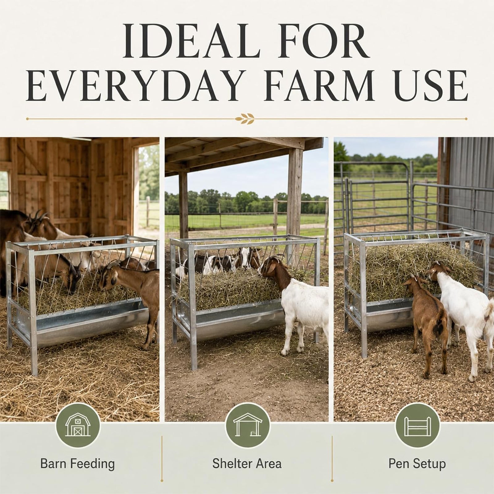 Maeklon 94 Gallon Livestock Hay Feeder, Large Capacity Outdoor Feed Storage Bin | 63" x 27.2" x 36.2" outdoor feeder with spacious hay storage for goats, horses, sheep and other livestock.