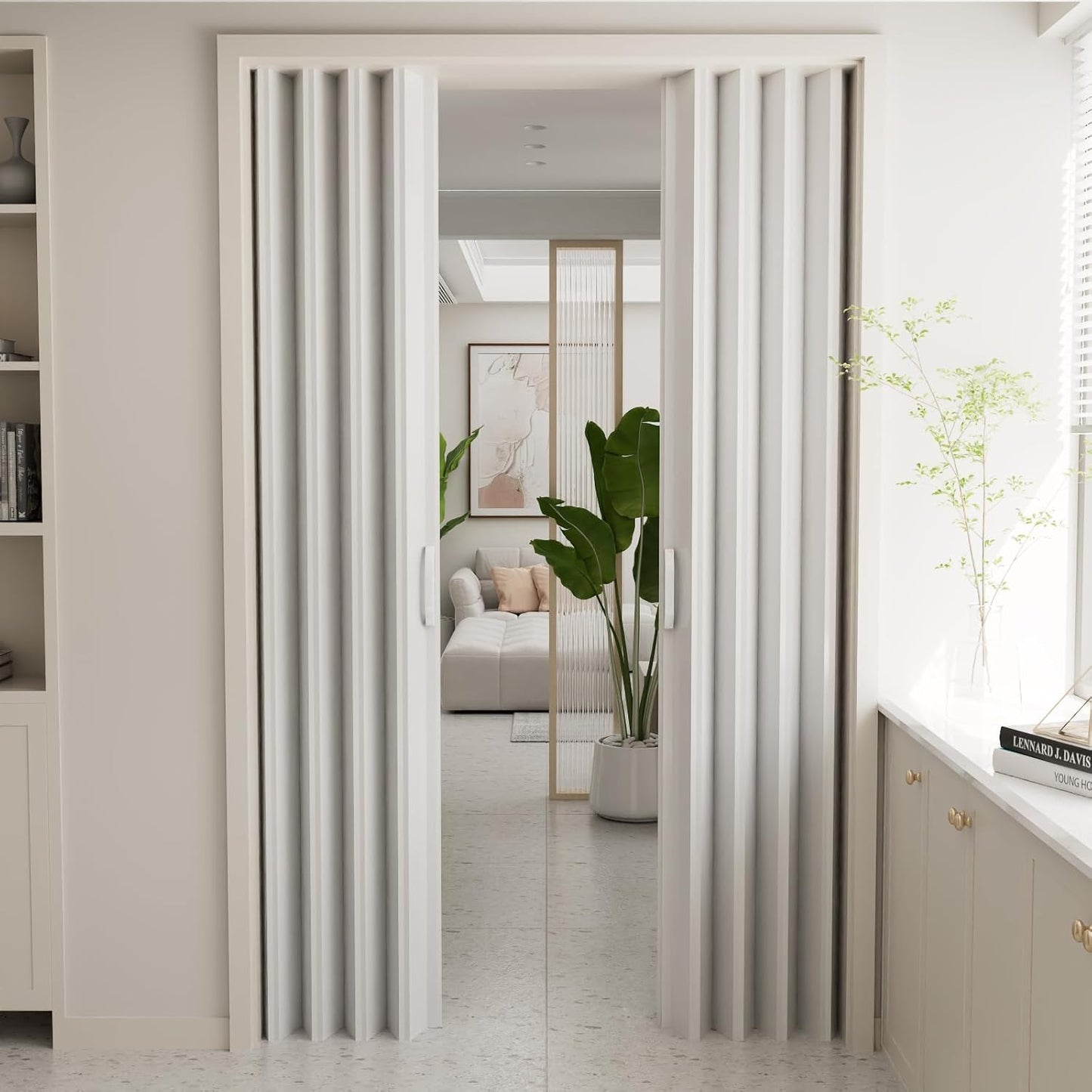 Maeklon 59 X 78 in PVC Accordion Door, Folding Accordion Doors, Bifold Portable Interior Folding Door with Mounting Hardware, Handle, for Closet Bathroom Doorways, White
