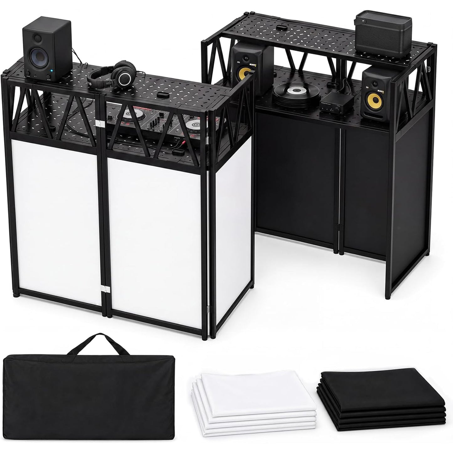 Maeklon Portable DJ Booth Table 42 x 21 x 46 in, Foldable DJ Table Stand | Heavy Duty DJ Stand Booth with Black and White Cloth Panels, Carry Bag, Wide Setup Space for Events, Parties, Stages