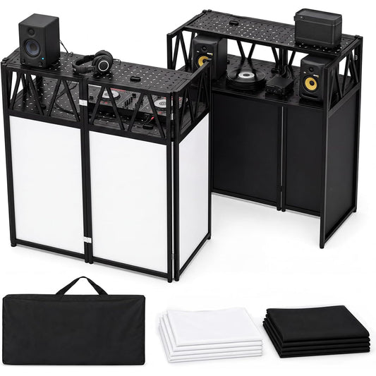 Maeklon Portable DJ Booth Table 42 x 21 x 46 in, Foldable DJ Table Stand | Heavy Duty DJ Stand Booth with Black and White Cloth Panels, Carry Bag, Wide Setup Space for Events, Parties, Stages