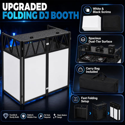 Maeklon Portable DJ Booth Table 42 x 21 x 46 in, Foldable DJ Table Stand | Heavy Duty DJ Stand Booth with Black and White Cloth Panels, Carry Bag, Wide Setup Space for Events, Parties, Stages