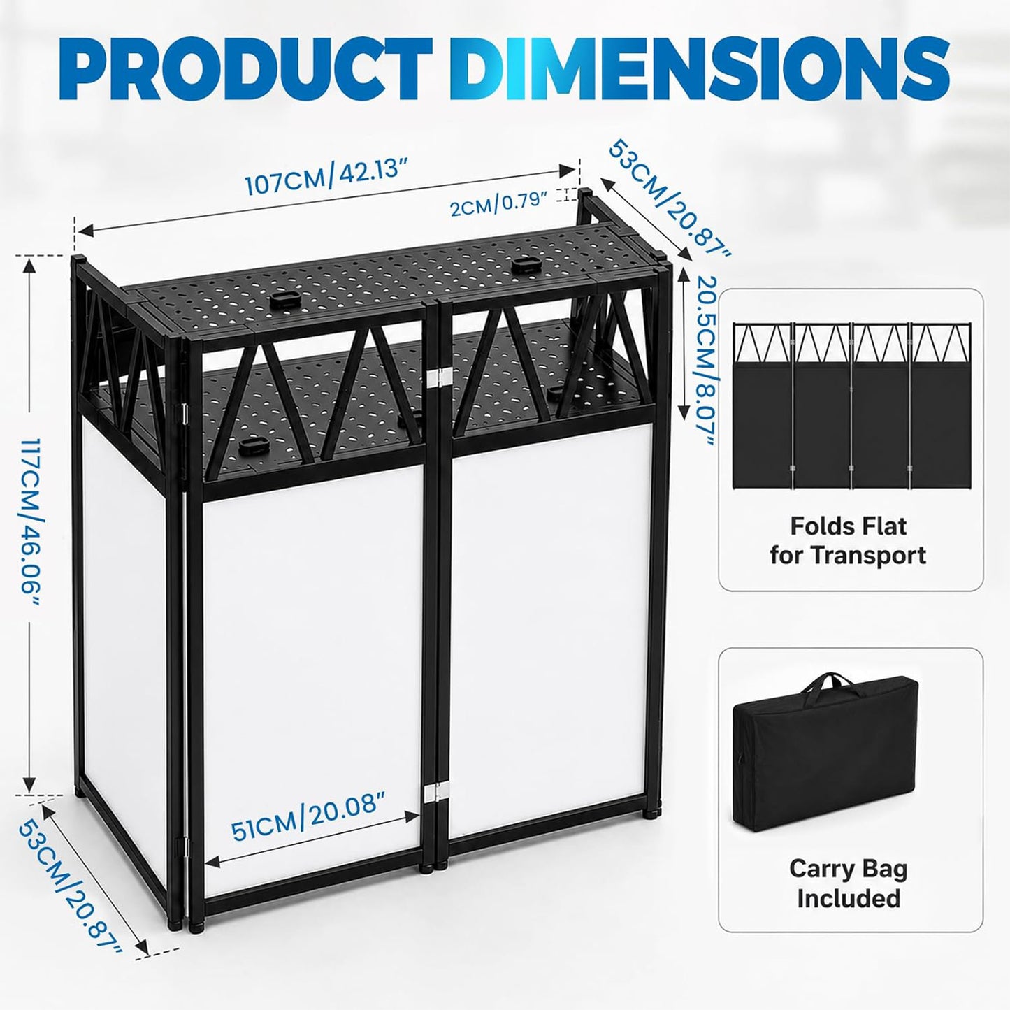 Maeklon Portable DJ Booth Table 42 x 21 x 46 in, Foldable DJ Table Stand | Heavy Duty DJ Stand Booth with Black and White Cloth Panels, Carry Bag, Wide Setup Space for Events, Parties, Stages