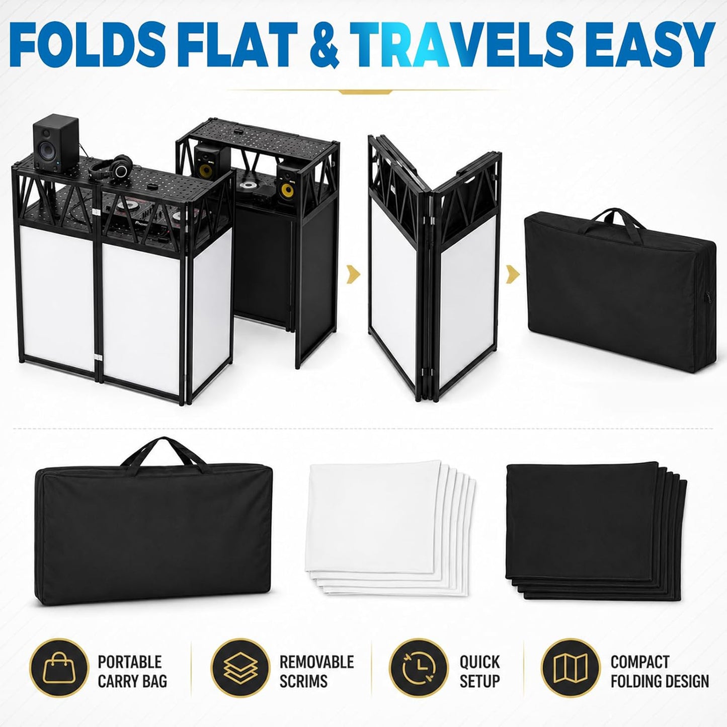 Maeklon Portable DJ Booth Table 42 x 21 x 46 in, Foldable DJ Table Stand | Heavy Duty DJ Stand Booth with Black and White Cloth Panels, Carry Bag, Wide Setup Space for Events, Parties, Stages