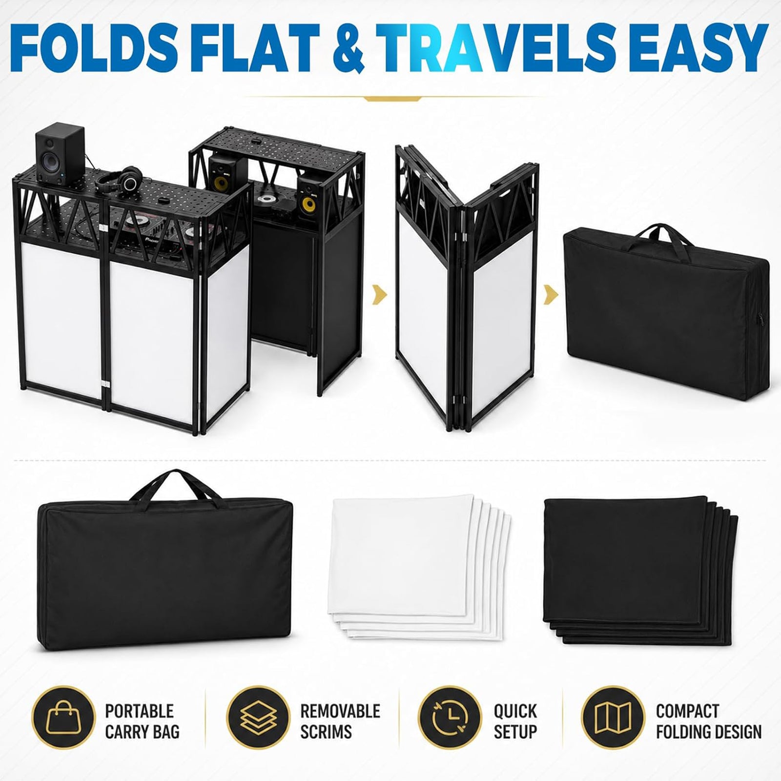 Maeklon Portable DJ Booth Table 42 x 21 x 46 in, Foldable DJ Table Stand | Heavy Duty DJ Stand Booth with Black and White Cloth Panels, Carry Bag, Wide Setup Space for Events, Parties, Stages