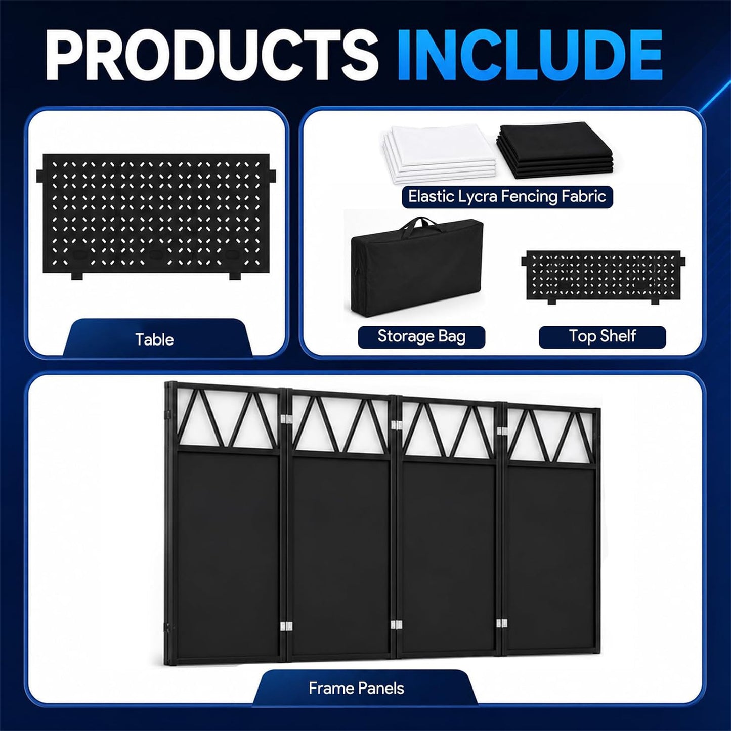 Maeklon Portable DJ Booth Table 42 x 21 x 46 in, Foldable DJ Table Stand | Heavy Duty DJ Stand Booth with Black and White Cloth Panels, Carry Bag, Wide Setup Space for Events, Parties, Stages