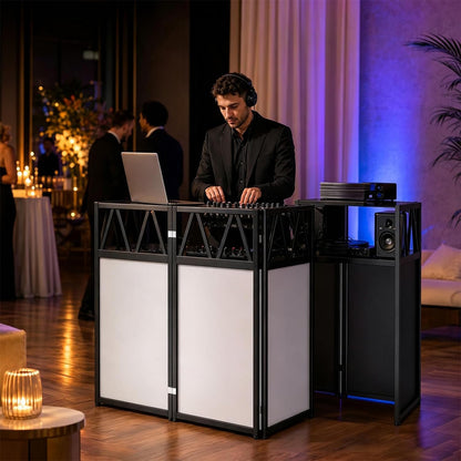 Maeklon Portable DJ Booth Table 42 x 21 x 46 in, Foldable DJ Table Stand | Heavy Duty DJ Stand Booth with Black and White Cloth Panels, Carry Bag, Wide Setup Space for Events, Parties, Stages