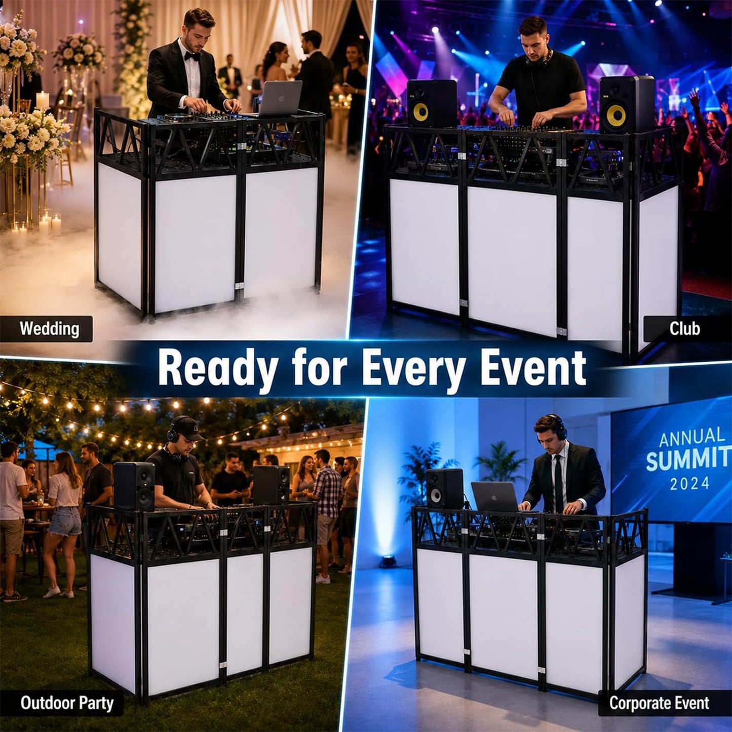 Maeklon Portable DJ Booth Table 42 x 21 x 46 in, Foldable DJ Table Stand | Heavy Duty DJ Stand Booth with Black and White Cloth Panels, Carry Bag, Wide Setup Space for Events, Parties, Stages