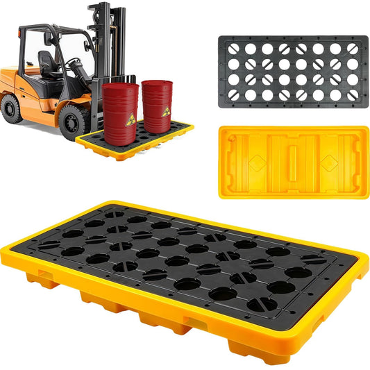 Maeklon 2 Pack Drum Spill Containment Pallet, 51.2" x 26.8" x6", with grated Drain outlets and Forklift Pockets, Stackable Modular Platform, Spill Platform for Indoor and Outdoor Storage of Goods