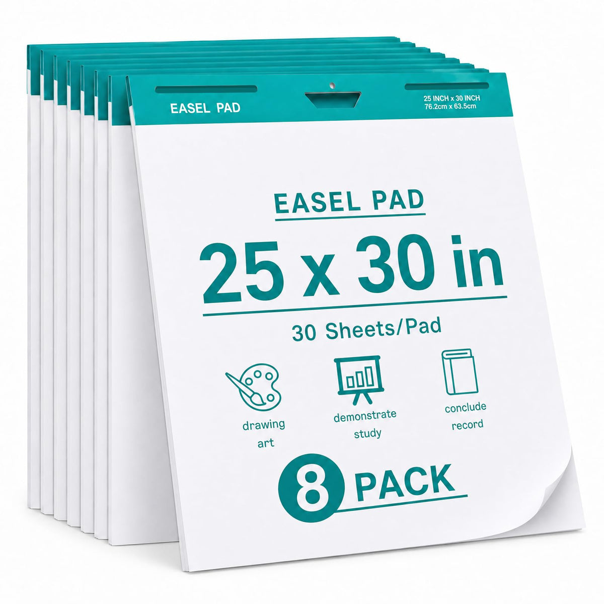 Maeklon 25 x 30 Inch Sticky Easel Pad, 30 Sheets Adhesive Chart Paper, 8 Pads Large Easel Paper Pad with Self Adhesive Backing, Premium White Chart, Ideal for Meetings, Presentations and Projects