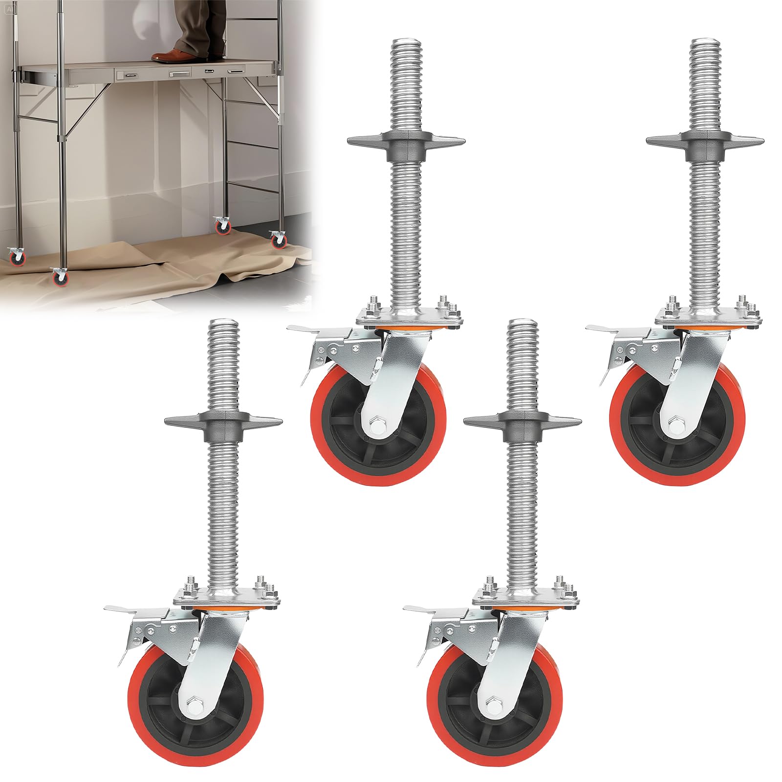 Maeklon 4 Pack 6" Adjustable Leveling Scaffolding Wheels, 1-1/5" OD Scaffold Screw with Brake, 13" Hight Adjustable, Heavy-Duty Scaffold Leveling Jacks