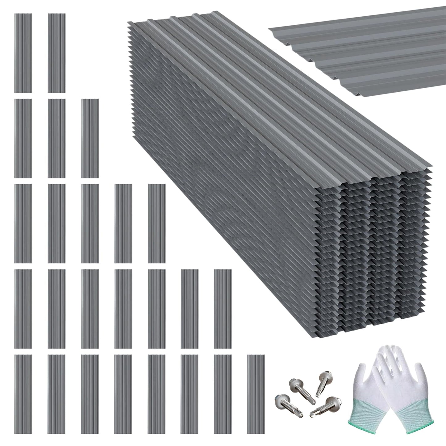 Maeklon 25PCS Metal Roof Panels, 17.7"×61" 193 ft² Corrugated Roofing Panels, 5.1Ft Galvanized Metal Siding Panels with 250 Screws and Glove, for Garages, Sheds, Stables, Carport, Grey