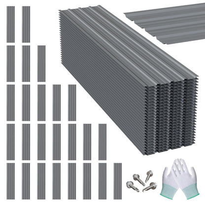 Maeklon 25PCS Metal Roof Panels, 17.7"×61" 193 ft² Corrugated Roofing Panels, 5.1Ft Galvanized Metal Siding Panels with 250 Screws and Glove, for Garages, Sheds, Stables, Carport, Grey