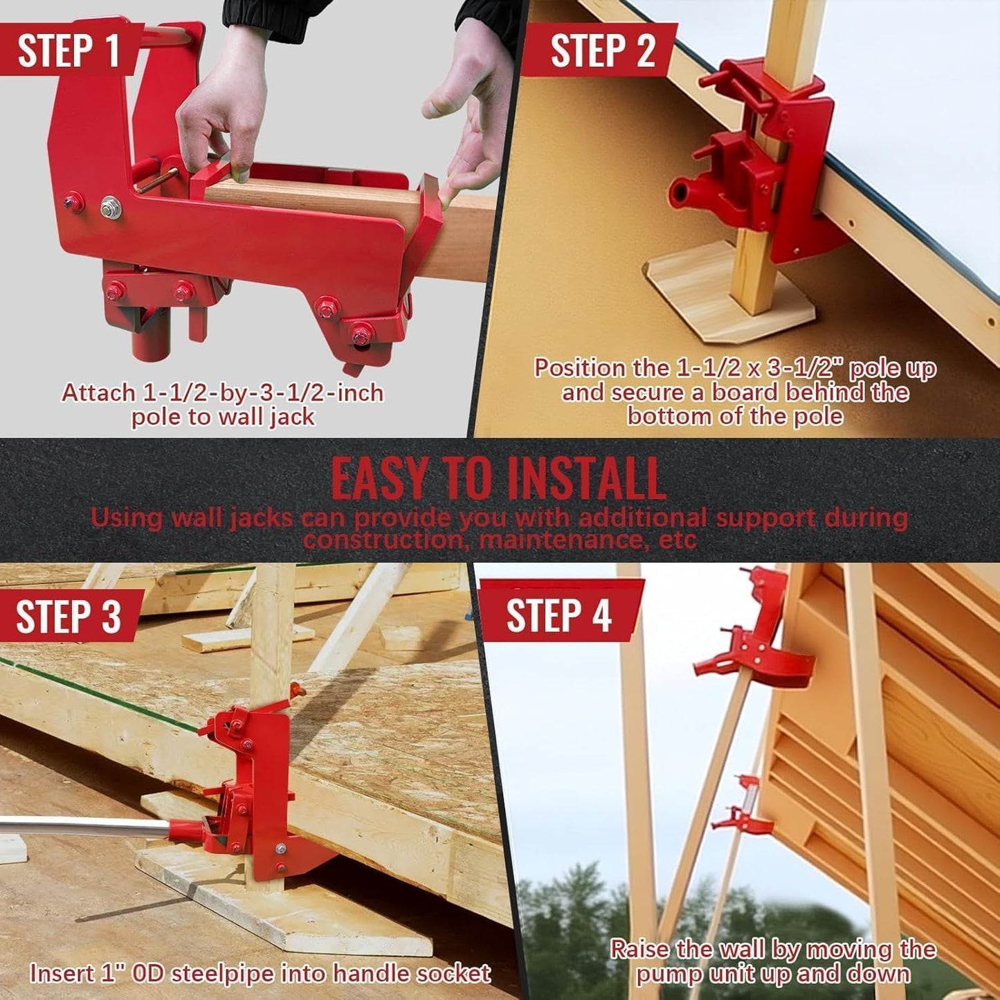 Maeklon 2 Pcs Cast Iron Wall Jack, Weight Capacity up to 1000 lbs, Portable Lifting Tool Works with 1-1/2" x 3-1/2" Fir Poles or 1" OD Steel Pipes, Heavy-Duty Wall Jacks for Framing, Lifting Wall Beams, Red