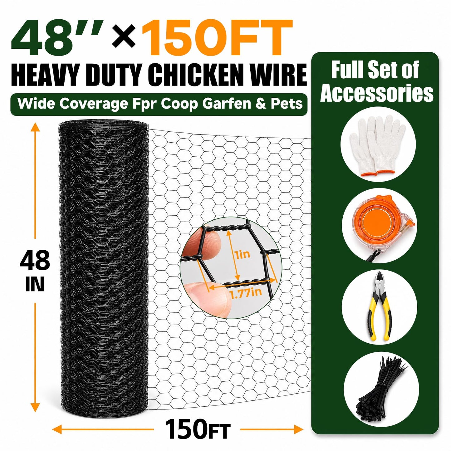 Chicken Wire 48 in x 150 ft, 19 Gauge Poultry Netting, 1 inch Wire Fencing | 0.9 mm Wire Diameter Durable Chicken Wire Fencing, Hexagonal Galvanized Poultry Netting for Chicken/Coop/DIY Projects, Black