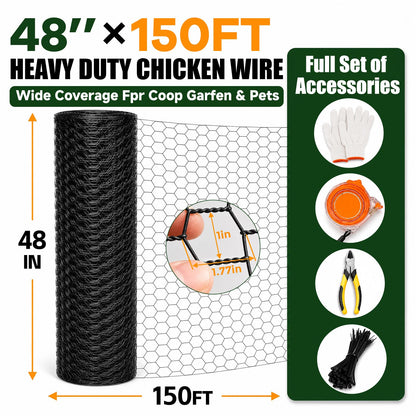 Chicken Wire 48 in x 150 ft, 19 Gauge Poultry Netting, 1 inch Wire Fencing | 0.9 mm Wire Diameter Durable Chicken Wire Fencing, Hexagonal Galvanized Poultry Netting for Chicken/Coop/DIY Projects, Black