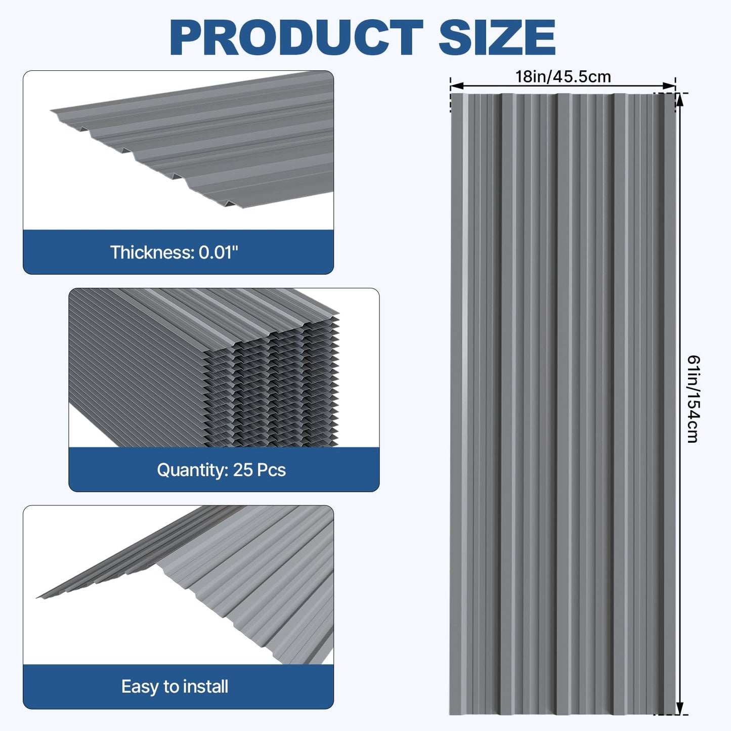 Maeklon 25PCS Metal Roof Panels, 17.7"×61" 193 ft² Corrugated Roofing Panels, 5.1Ft Galvanized Metal Siding Panels with 250 Screws and Glove, for Garages, Sheds, Stables, Carport, Grey