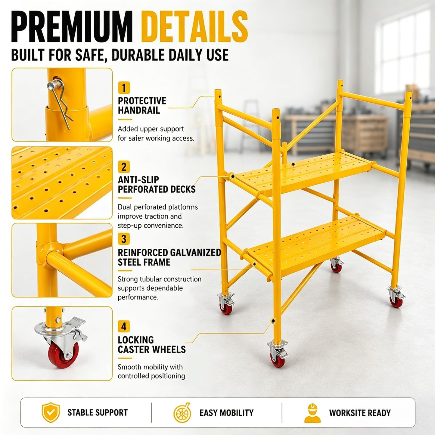 Maeklon 46"x23.6"x53.9" Scaffold Platform with Locking Wheels, 700 Lb Work Platform | Portable Rolling Scaffolding Platform with 4 Brake Casters for Construction, Painting and Home Renovation