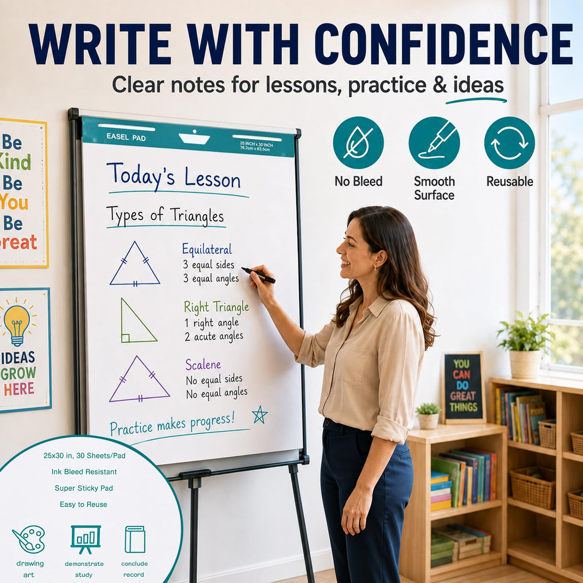 Maeklon 25 x 30 Inch Sticky Easel Pad, 30 Sheets Adhesive Chart Paper, 8 Pads Large Easel Paper Pad with Self Adhesive Backing, Premium White Chart, Ideal for Meetings, Presentations and Projects