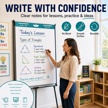 Maeklon 25 x 30 Inch Sticky Easel Pad, 30 Sheets Adhesive Chart Paper, 8 Pads Large Easel Paper Pad with Self Adhesive Backing, Premium White Chart, Ideal for Meetings, Presentations and Projects