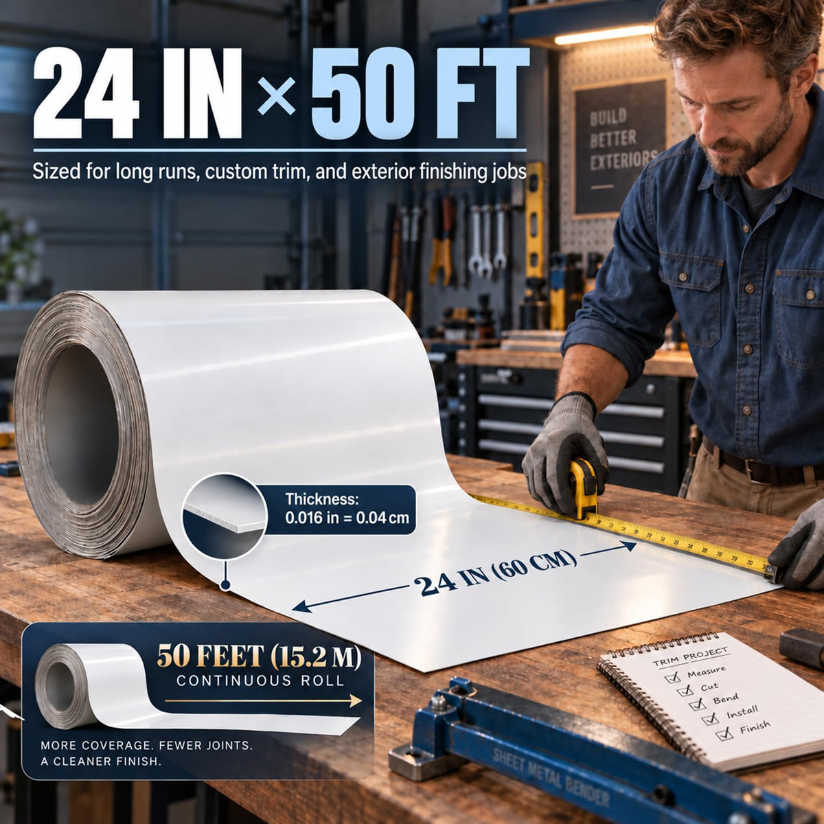 Maeklon 24 in x 50 ft Aluminum Trim Coil Roll White Smooth Sheet, 0.016 Inch Aluminum Coil Roll with Smooth White Finish for Window, Door, Roof Eave and Exterior Trim Projects