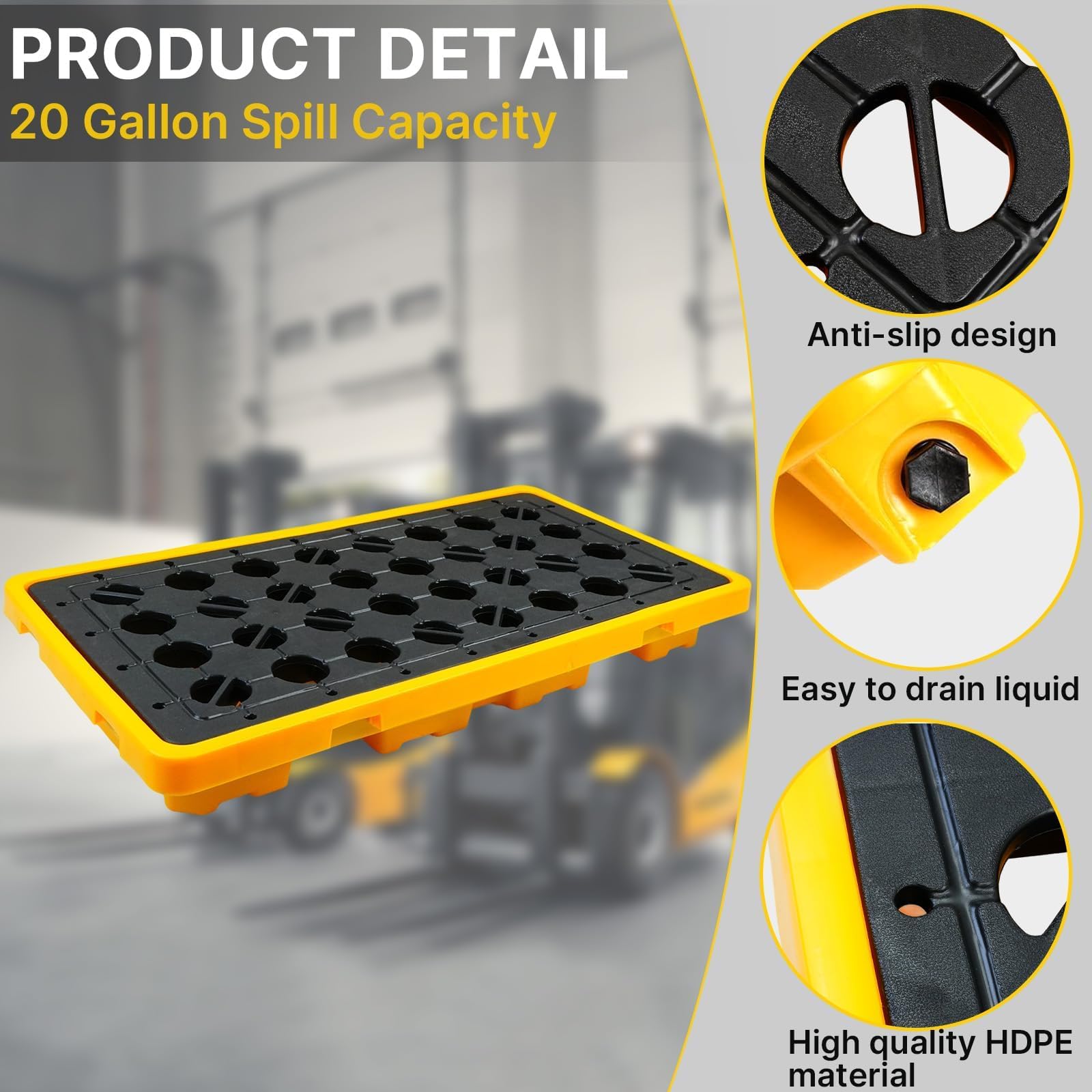 Maeklon 2 Pack Drum Spill Containment Pallet, 51.2" x 26.8" x6", with grated Drain outlets and Forklift Pockets, Stackable Modular Platform, Spill Platform for Indoor and Outdoor Storage of Goods