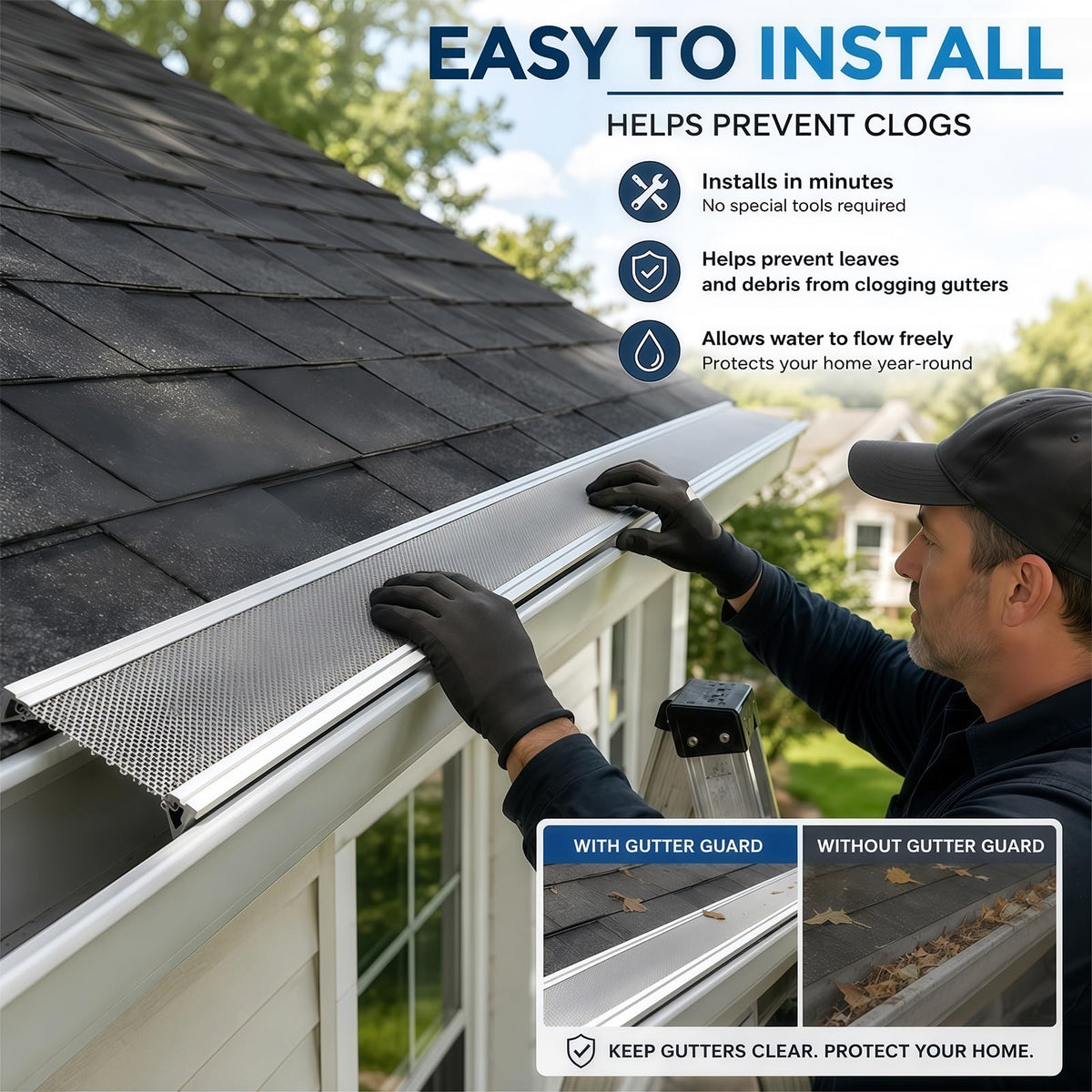 Maeklon 24 Pack Gutter Guard Kit, 5.79" x 48.43" Panels Micro Mesh Gutter Guard, Gutter Guard Kit with 0.6mm Micro Mesh and Aluminum Frame, Designed for Leaf Debris Control and Rainwater Flow for Home Use
