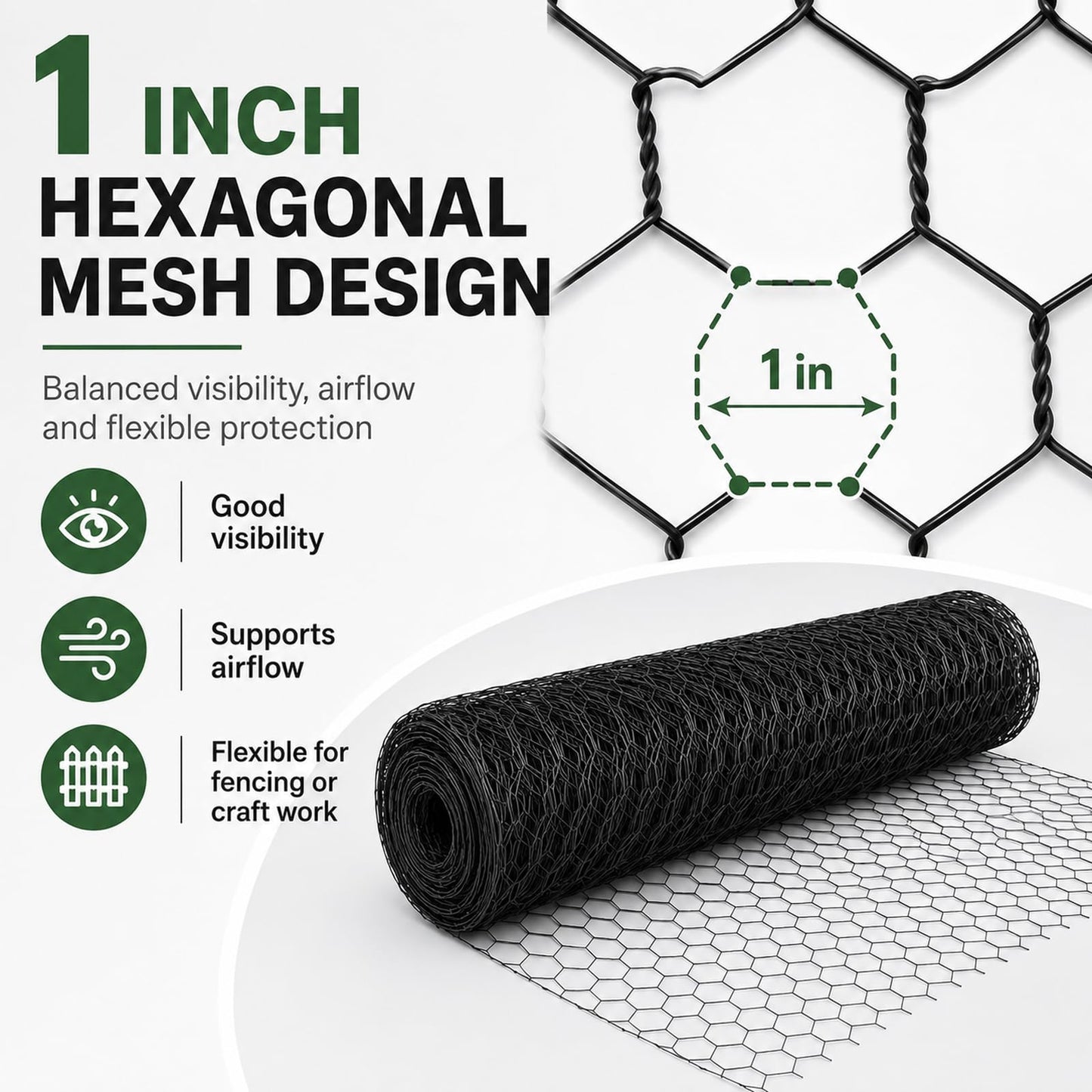 Chicken Wire 48 in x 150 ft, 19 Gauge Poultry Netting, 1 inch Wire Fencing | 0.9 mm Wire Diameter Durable Chicken Wire Fencing, Hexagonal Galvanized Poultry Netting for Chicken/Coop/DIY Projects, Black
