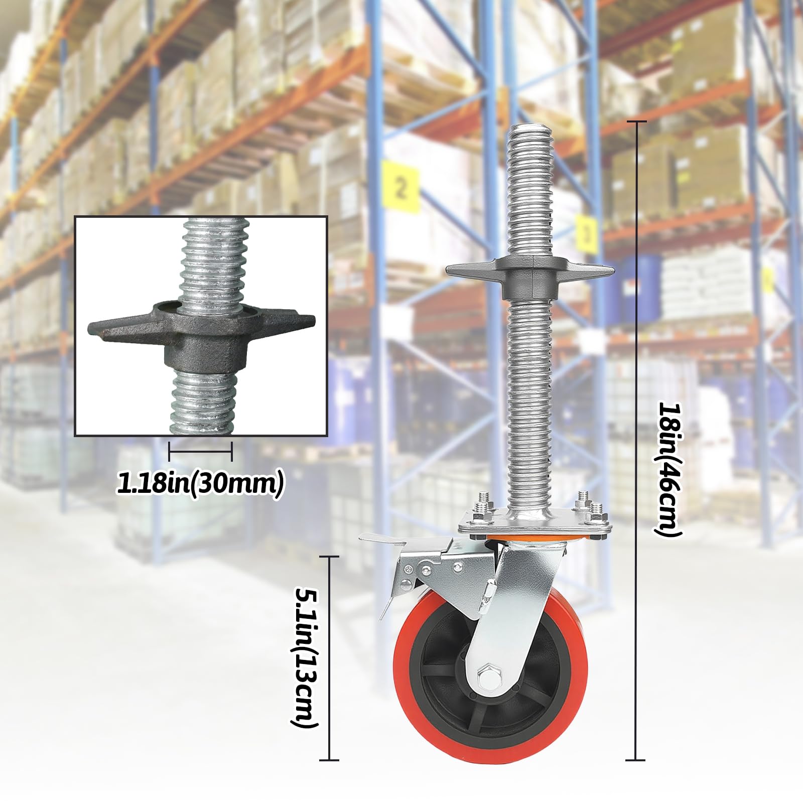 Maeklon 4 Pack 6" Adjustable Leveling Scaffolding Wheels, 1-1/5" OD Scaffold Screw with Brake, 13" Hight Adjustable, Heavy-Duty Scaffold Leveling Jacks
