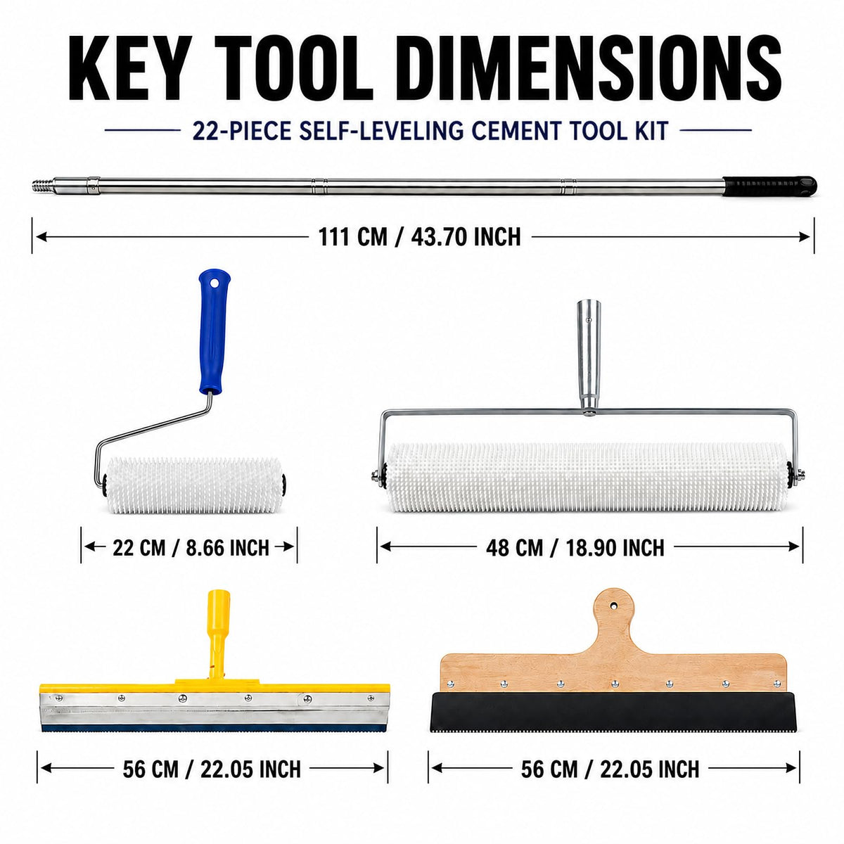 Maeklon 22 PCS Self Leveling Concrete Tool Kit, Cement Finishing Tools Set Complete Floor Leveling Tool Set with Rollers, Rake, Spiked Shoes and Accessories for Concrete, Cement and Coating Projects