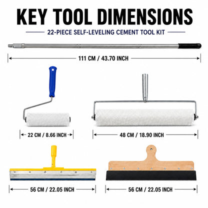 Maeklon 22 PCS Self Leveling Concrete Tool Kit, Cement Finishing Tools Set Complete Floor Leveling Tool Set with Rollers, Rake, Spiked Shoes and Accessories for Concrete, Cement and Coating Projects