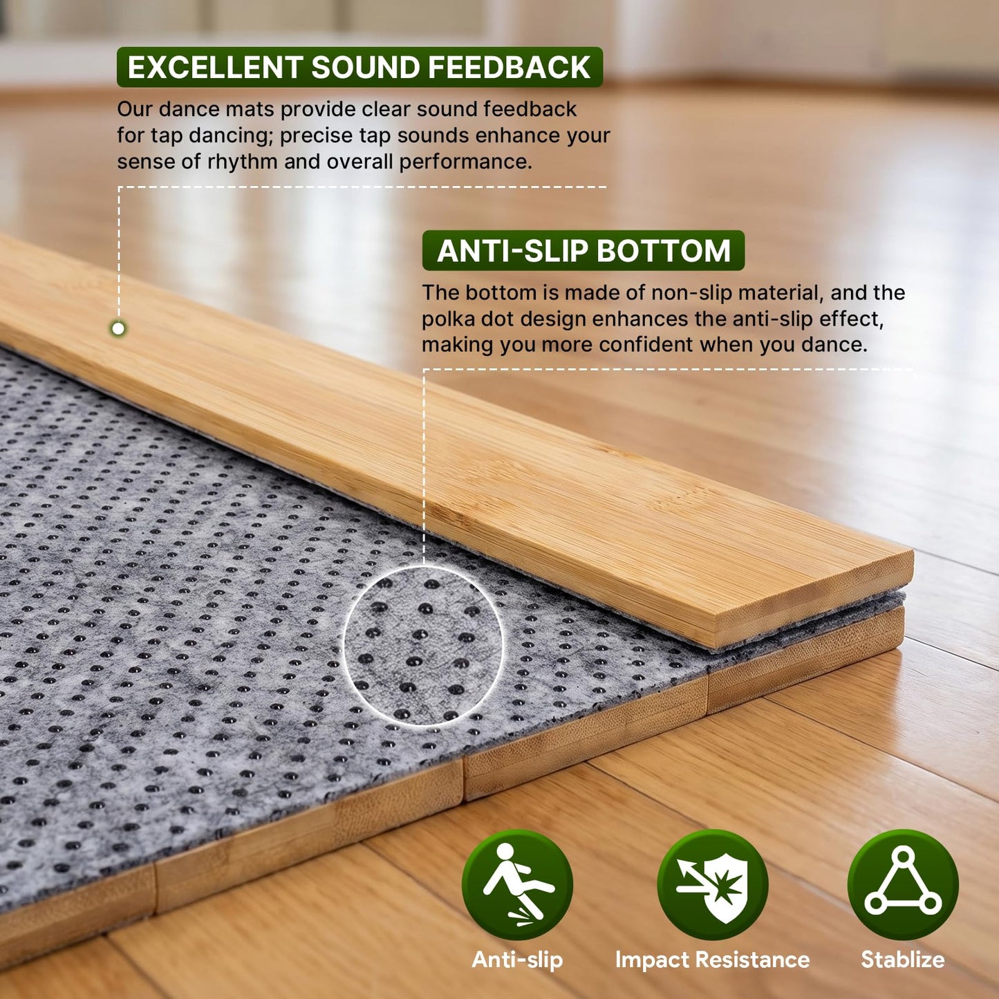 Portable Tap Dance Floor 47.4 x 23.6 Inch, Foldable Bamboo Board | Cushioned non-slip base supports tap, jazz and ballet practice at home, in studios or outdoors with easy folding storage