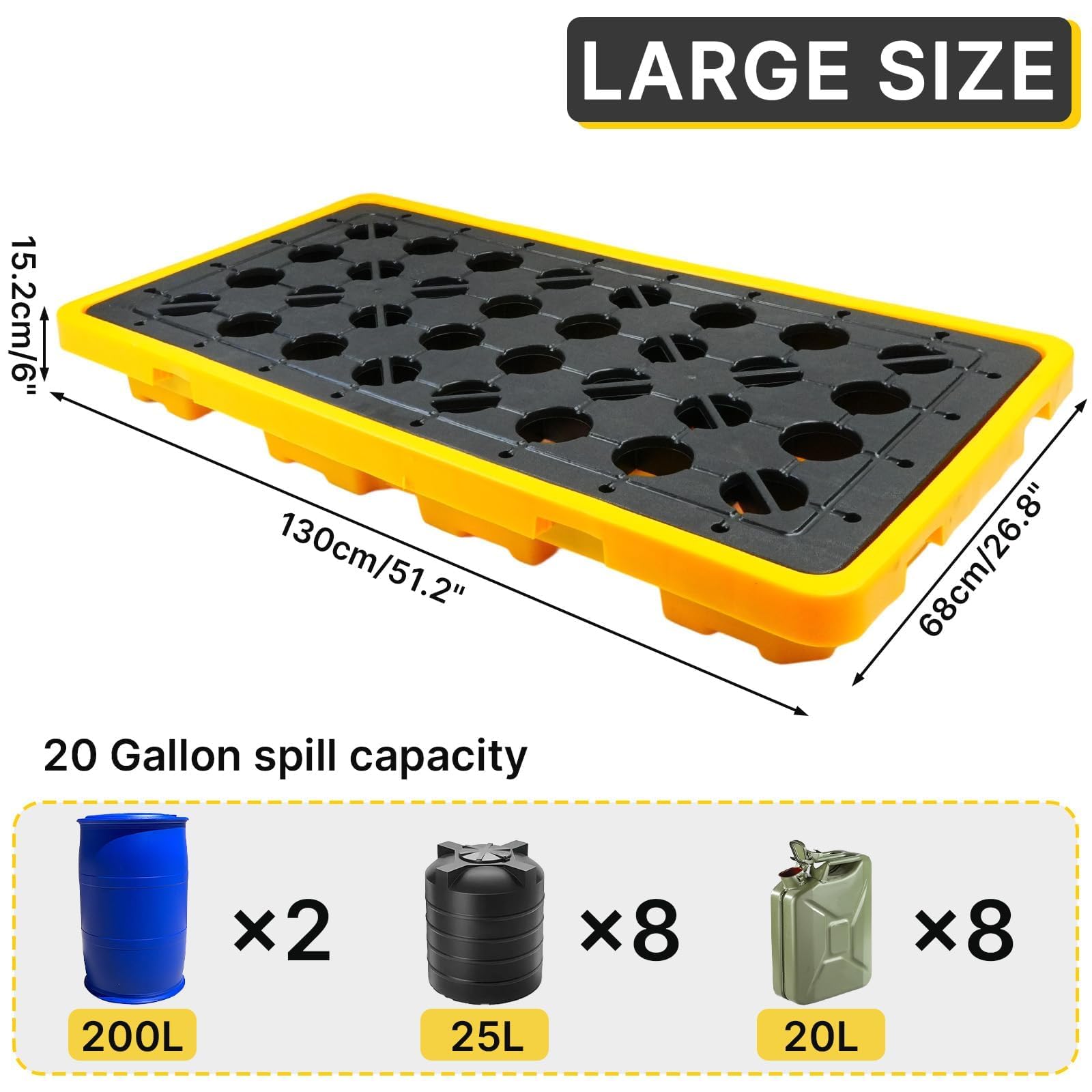 Maeklon 2 Pack Drum Spill Containment Pallet, 51.2" x 26.8" x6", with grated Drain outlets and Forklift Pockets, Stackable Modular Platform, Spill Platform for Indoor and Outdoor Storage of Goods